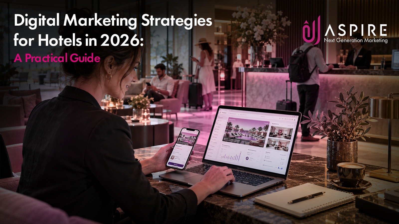 Digital marketing for hotels in 2026 showing a hotel marketer managing online bookings, digital campaigns, and hotel promotions on a laptop.