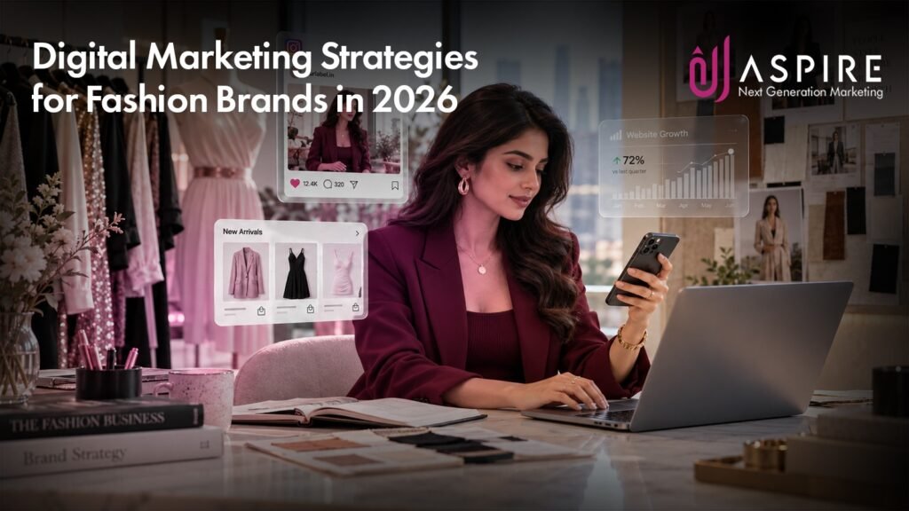 Digital marketing for fashion brands in 2026, featuring social media marketing, influencer collaborations, SEO, content creation, and paid advertising to grow fashion businesses with Aspire Digital Media.