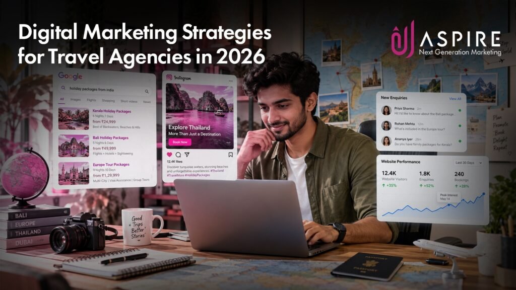 Digital marketing for travel agencies in 2026, featuring SEO, social media marketing, Google Ads, content marketing, and strategies to increase travel bookings.