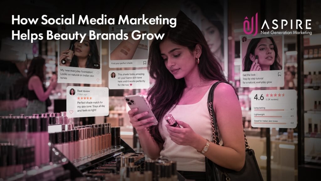 Social media marketing for beauty brands featuring Instagram Reels, influencer collaborations, beauty tutorials, and content strategies to boost brand awareness, engagement, and sales.